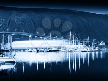 Norway night bridge with passing ship background hd
