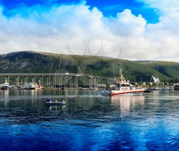 Norway bridge and ships postcard background hd
