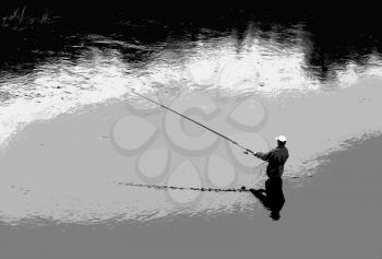 Horizontal black and white fisherman illustraction