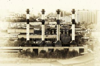 Horizontal vintage sepia industrial chimneys Moscow cityscape background