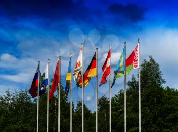 Horizontal vivid European flags composition background backdrop