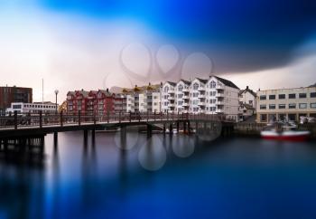Horizontal vivid Norway town bridge cityscape background backdrop