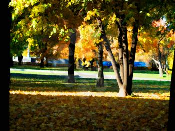 Light of ray on autumn park tree landscape background
