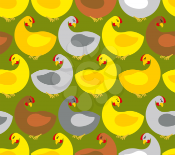 Chicken seamless pattern. Chicken farm. Many colored birds. Vector background. Repeating Ornament for fabrics.


