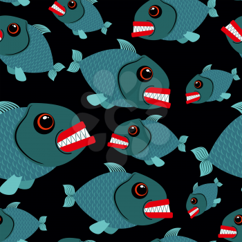 Toothy fish seamless background. Evil piranhas in sea. Vector ornament sea creatures.