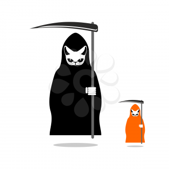 Cat death in  black cloak and with scythe. Death in mice. Grim Reaper pet.
