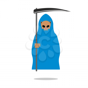 Death skull cat in blue cloak. Grim Reaper pets with scythe.
