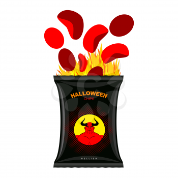 Hellish chips for Halloween. Packing snacks with Satan. Hellfire in black tutus. Red chips are eliminated from  packaging. direful food for terrible holiday. Vector illustration Devil's food
