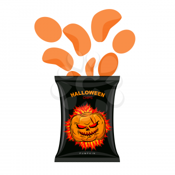 Halloween chips with pumpkin flavor. Snacks for dreaded holiday in black packaging. Vector illustration of Food  white background
