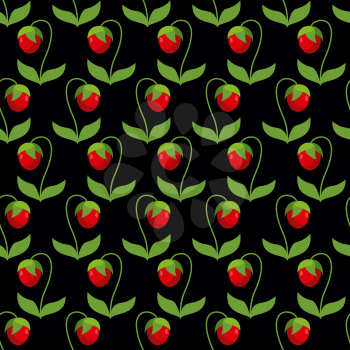 Red strawberries with green leaves on a black background. Seamless pattern from berries. Vector retro fabric ornament
