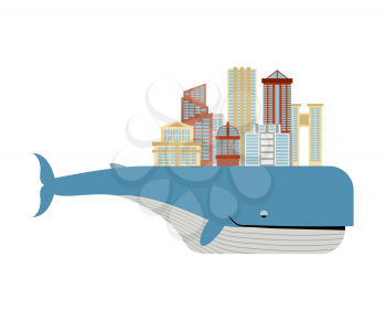 City on back of  whale. Metropolis on big fish. Ecologically clean region of  modern city. Skyscrapers and towers, arches and modern office buildings. Vector illustration of  fantastic city