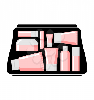 Handbag Womens body care products. Cream jars and lipstick. Vector illustration
