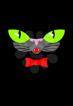 Green cat eyes and a red bow tie. Muzzle your pet on a black background.
