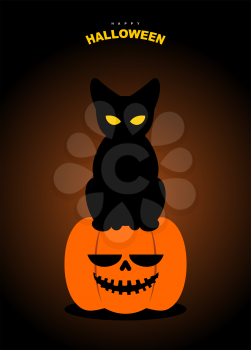 Happy Halloween. Black cat sits on pumpkin at night. Terrible symbols of holiday.
