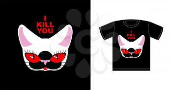 I  kill you. Angry white cat with red eyes. Logo for bully. Ferocious pet. Vector print t-shirt

