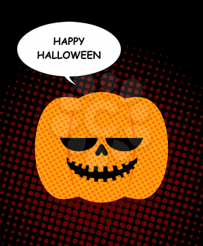 Happy Halloween. Pumpkin with bubble pop art. Jolly pumpkin open-mouthed on black background. Vector illustration for terrible holiday. Symbol of Halloween.