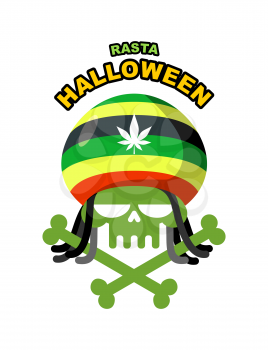 Rasta Halloween Night. Skull addict with dreadlocks and bones. Colored Rasta Cap with leaf marihuanny, hemp. Vector illustration logo for holiday.