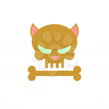 Cat skull with bones. Head skeleton of a kitty. Logo, emblem for Halloween. Brown skull pet