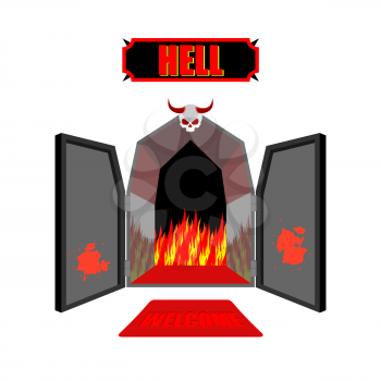 Gate to hell. Entrance to hellish Inferno. Access to Satan. Flames for combustion of sinners. Welcome to hell. Black iron open door in purgatory. Scary door with skull and horns of vector illustration