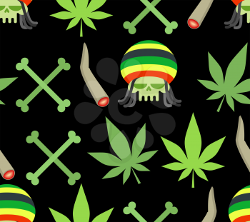 Jamaica drugs seamless pattern. Rasta skull and leaf cannabis. SPLIFF and bones. Smoking pushing drugs
