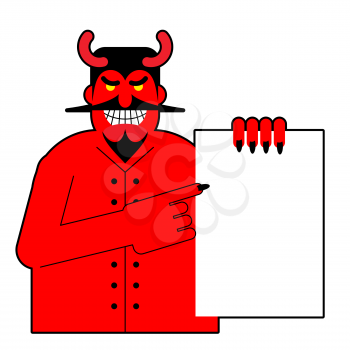 Satan keeps white blank sheet of paper. Devil and  document. Red horned Lucifer. Sell your soul  devil. Scary sign treaty Mephistopheles blood