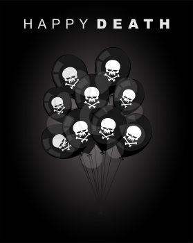 Happy death. Sad accessories for holiday. Black balloons with a skull with crossed bones. Vector illustration. Postcard for Funeral party.
