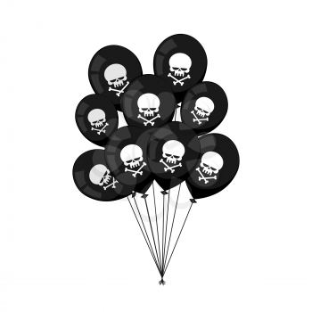 Black balloons. Skull with bones. Mourning, sad party accessories