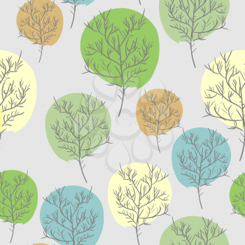 Trees seamless pattern. Trees with colored foliage. Vintage retro fabric background. Vector ornament
