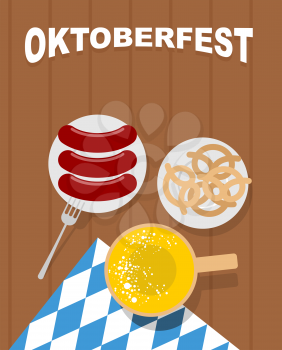 Beer mug on a wooden table and sausages in plate. Beer snack pretzel. Cloth with ornament of blue rhombuses. Oktoberfest. Beer Festival in Germany. Vector illustration of top view. Traditional food fo