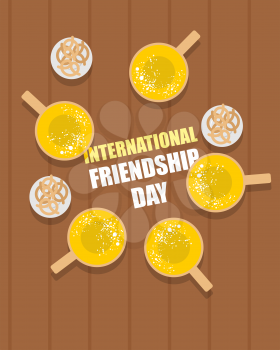 Mugs of beer on a wooden table and beer snacks pretzel top view. Alcoholic drinks for a group of friends. Vector illustration International  Friendship Day