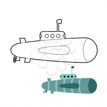 Submarine coloring book. Ship to swim underwater with periscope. Vector illustration
