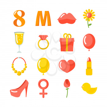 8 March set of icons. Gifts for holiday. Kiss and heart. Rose and ring. Necklace and balloon. International women's day.
