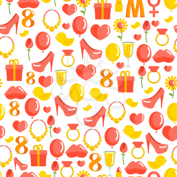 8 March seamless pattern. Background of gifts for holiday. Kiss and heart. Rose and ring. Glass of champagne and balloon. International women's day.
