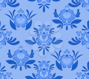 Gzhel flower seamless pattern. Flowers and leaves ornament. Russian national folk craft. Traditional decoration painting in Russia. Flowers and leaves texture. Retro ethnic decor
