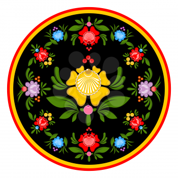 Gorodets painting plate. Russian national folk craft. Elements of tradiional painting in Russia. Flowers on black background