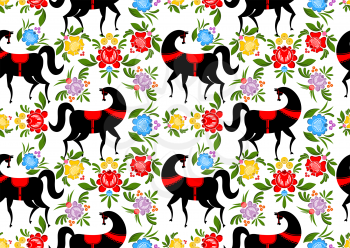 Gorodets painting Black horse and floral seamless pattern. Russian national folk craft ornament. Traditional decoration texture painting in Russia. Flowers and leaves background. Retro ethnic decor
