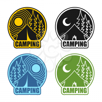 Camping logo day and night. Landscape with tent and forest. Emblem Accommodation in camp. Sun and moon. Fire at booth
