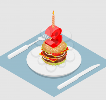 3 years birthday celebratory burger. Number three with a candle. Burger anniversary celebration. Festive fast food. Happy holiday birthday