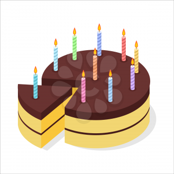 Chocolate cake birthday. Festive candles on pie. Piece of celebratory cake isometrics. 3D delicious confection
