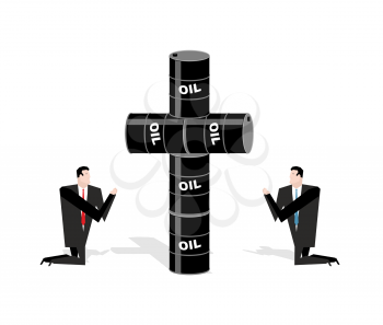  Businessman praying for oil. Cross of oil barrels. Prayer oil quotations. People are standing on their knees in front of black gold. Allegory illustration for magazine business. Adoration of oil.
