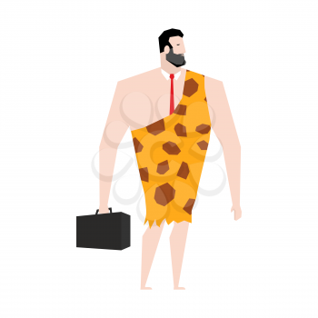 Businessman prehistoric. Ancient boss in skin of giraffe. Neanderthal ina tie. Cro-Magnon to case. Homo sapiens business man. paleanthropic with suitcase. Caveman Director
