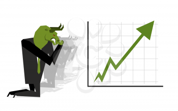 Green Bull prays on rate increase on stock exchange. Green arrow up. Worship of money. Prayer quotes. Trader kneeling before schedule. Allegory illustration for  magazine business
