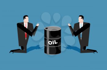  Businessman praying for oil barrels. Prayer oil quotations. People are standing on their knees in front of black gold. Allegory illustration for magazine business. Adoration of oil.
