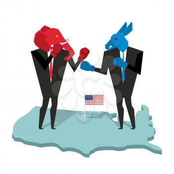Donkey and elephant fight. Democrat and Republican opposition. Businessmen combat in business suit and boxing gloves. Battle of red and blue donkey elephant. Allegory of political parties in America. 