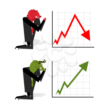 Bull and Bear pray to bet on stock exchange. Green up arrow. Red down arrow. Worship of money. Prayer quotes. Trader kneeling before graph. Allegory illustration for magazine business
