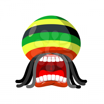 Rastaman screams. Rasta cry. Open your mouth and teeth. Loud scream. Rastafarian hat and dreadlocks. Reggie illustration
