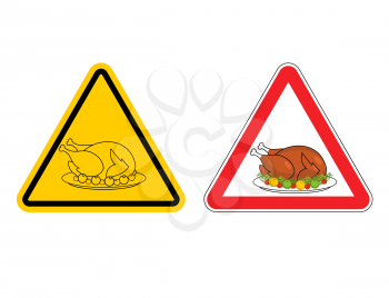 Warning sign of attention roasted turkey. Dangers yellow sign crustacean. Baked chicken with  red triangle. Set of road signs for Thanksgiving Day
