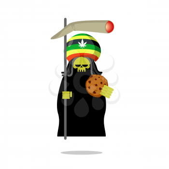 Rasta death offers cookies and joint or spliff. Rastafarian dreadlocks skull and beret. Grim Reaper for Rastafarians. Jamaican demon holding biscuit and marijuana and smoking drugs. ganja skeleton
