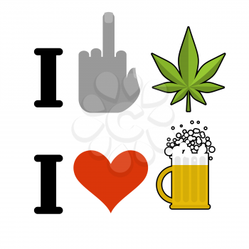 I hate drugs, I like alcohol. Fuck symbol of hatred and marijuana leaf. Heart and mug of beer. Logo for alcoholics
