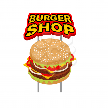 Burger shop signboard. Big Juicy Hamburger sign for fast food restaurant. Traditional American food. Muffin and cutlets. Tomatoes and onions. Cheese and greens
